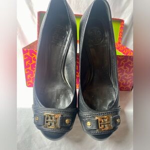 Tory Burch Black Leather Natalya Mid-Wedge